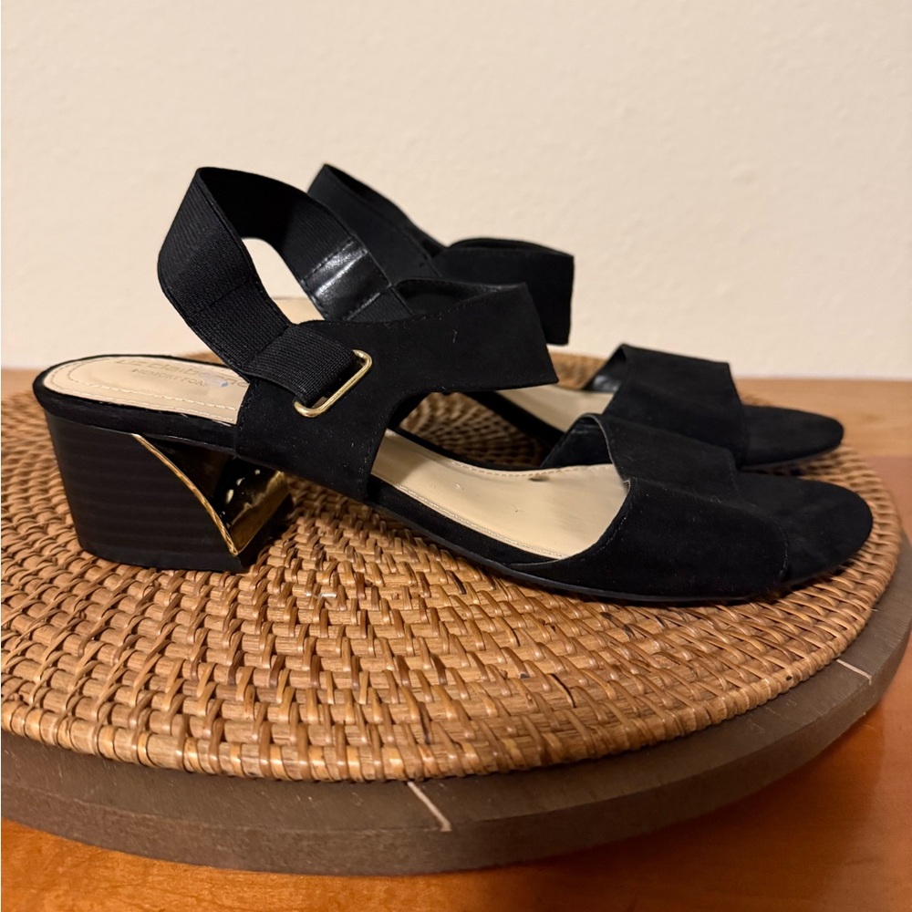 Liz Claiborne Black Low Block Heel Sandals‎ with Gold accents - Picture 3 of 11